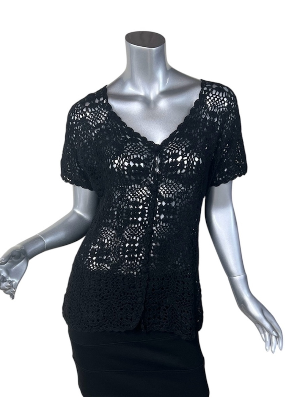 Women’s Black Crochet Open Knit Cardigan Button Front Top Scalloped Trim Blouse